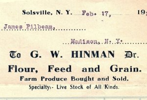 1920 G.W. HINMAN DR SOLSVILLE NY FLOUR FEED AND GRAIN LIVE STOCK INVOICE Z2737