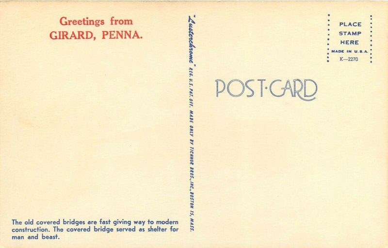 Girard Pennsylvania Covered Bridge PA Postcard