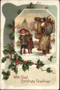 Christmas Santa Claus Beige Brown Suit Children Embossed c1900s-20s Postcard