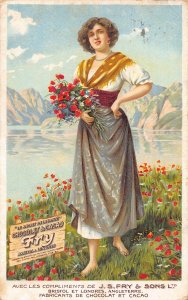 L520 Fry's Cocoa Lady with poppies Advertising vintage postcard