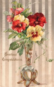 Vintage Postcard Heartiest Congratulations Greetings Colorful Flowers In Vase