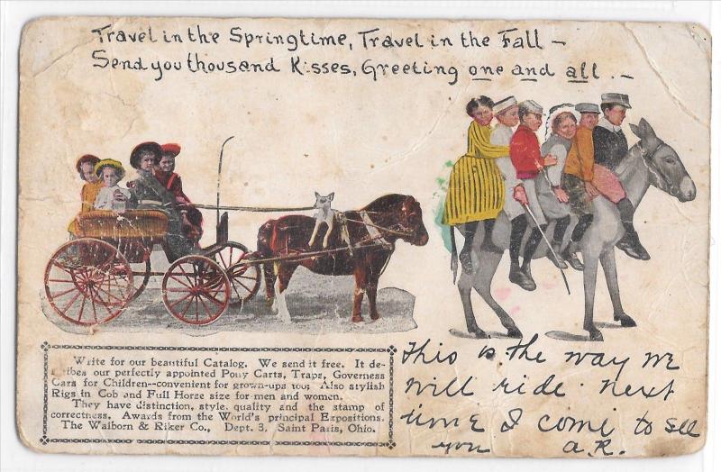 Vintage Advertising Postcard Pony Cart Children on Donkey Walborn & Riker Co.