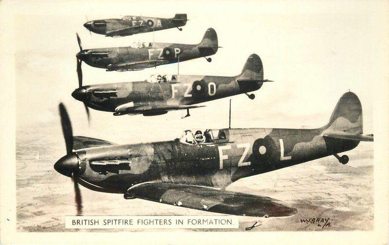 British Spitfire Fighters 1940s WW2 Military Aviation Gray Photo RPPC 9602