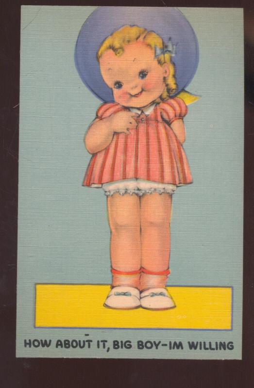 HOW ABOUT IT BIG BOY I AM WILLING CUTE GIRL VINTAGE COMIC POSTCARD DOLL