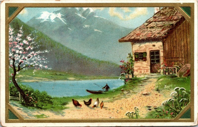 Art Postcard Vintage - FARM CABIN - Lake                                      