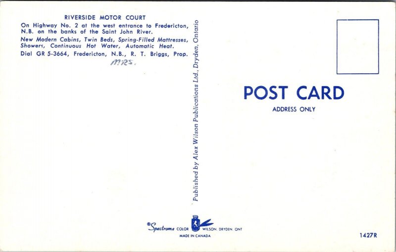 Vtg Riverside Motor Court Cabins Fredericton New Brunswick Canada Postcard