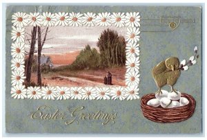 1911 Easter Greetings Chick Eggs Nest Daisy Flowers Rockford IL Antique Postcard