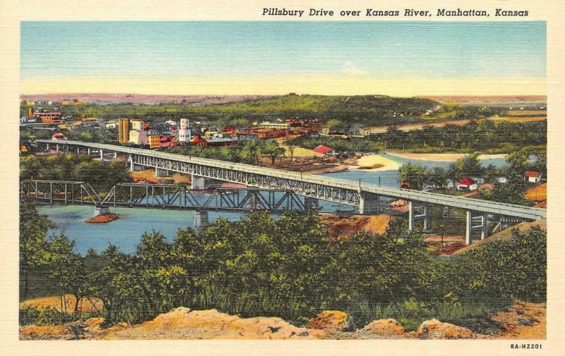 MANHATTAN, KS Kansas   PILLSBURY DRIVE~BRIDGES Over RIVER   c1940's Postcard