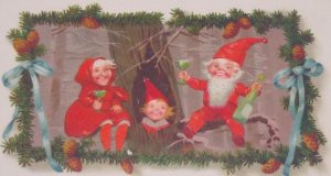 Fantasy Gnomes Champagne Pinecones Vintage New Year Postcard Germany