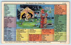 RAY WALTERS Busy Persons Postcard SILHOUETTE CAMPERS Risque 1940s Comic Linen