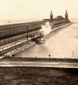 Vintage 1947 Photo Postcard Navy Pier Chicago Illinois Ferry Docked