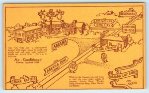 AMANA, Iowa IA ~ Roadside OX YOKE INN Illustrated Map ca 1950s  Postcard