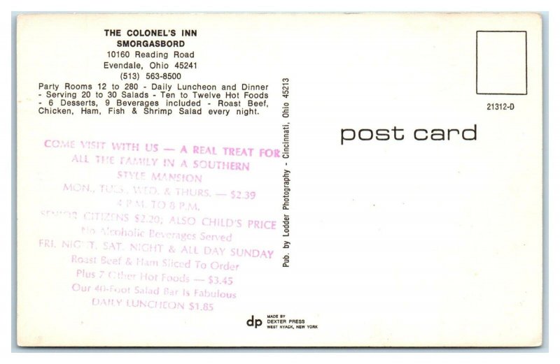 EVENDALE, OH Ohio ~The COLONAL'S INN Smorgasbord c1960s Hamilton County Postcard