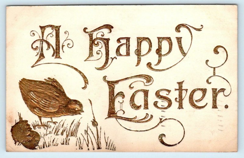 EASTER GREETING- Embossed Gold Leaf Printing, Chick  1910 Postcard