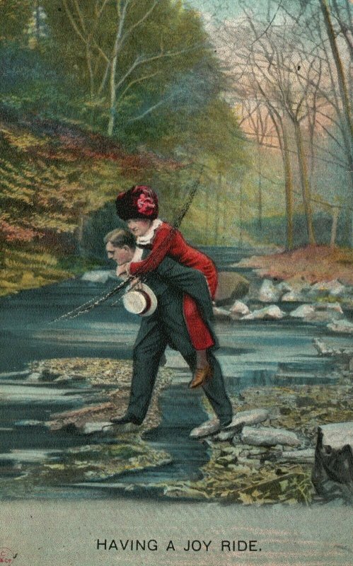 Vintage Postcard 1910 Having a Joy Ride Man and Woman Crossing Stream Love