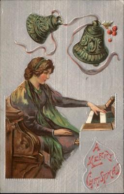 Christmas Pretty Woman Plays Piano Bells Embossed c1910 O...