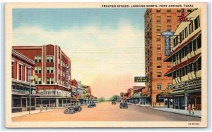 PORT ARTHUR, TX Texas ~ PROCTOR STREET Scene HOTEL c1940s Cars Linen Postcard