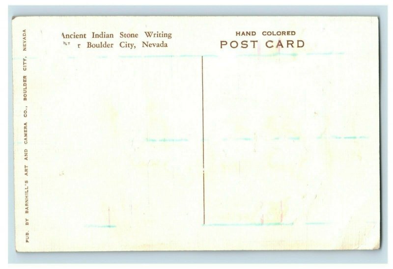c. 1910 Indian Stone Writing Boulder City Nevada Hand Colored Postcard F91 