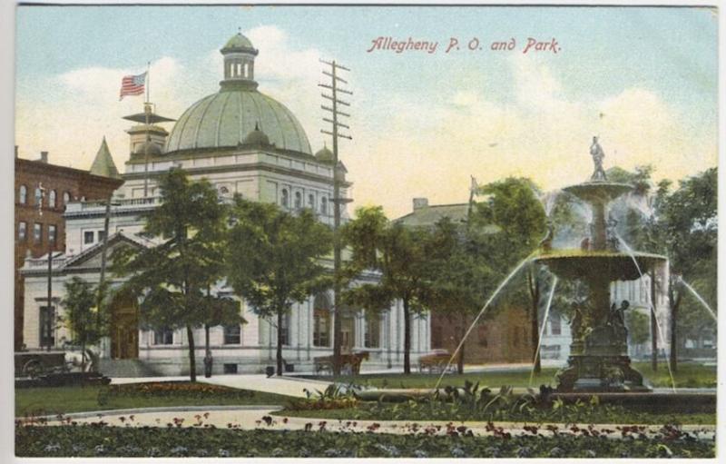 Allegheny PA Post Office Horses & Wagons near Park Fountain Postcard