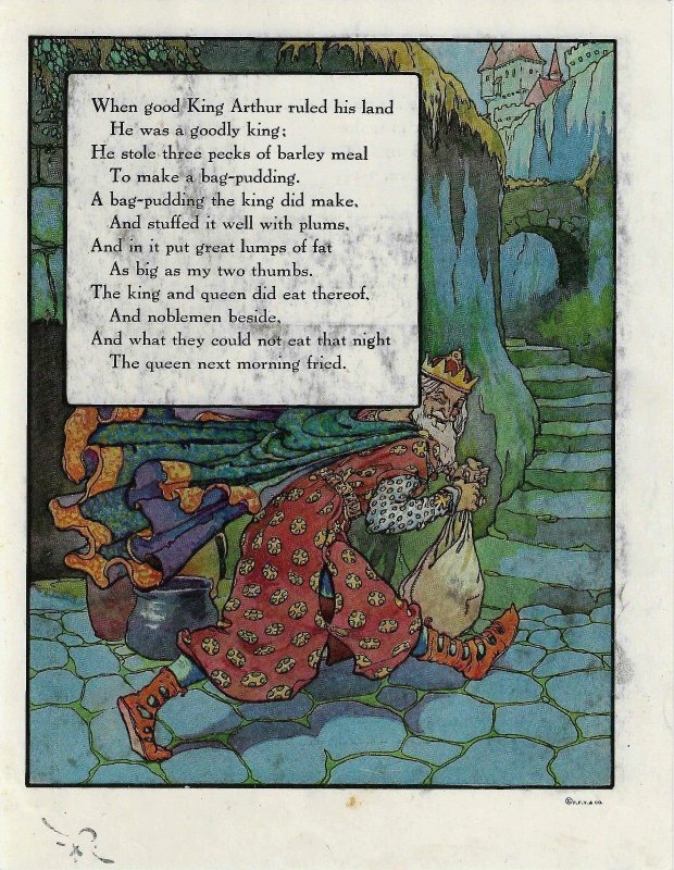 Antique Good King Arthur Mother Goose Rhyme Art Print 1915 Dual Sided 8 x 10.5