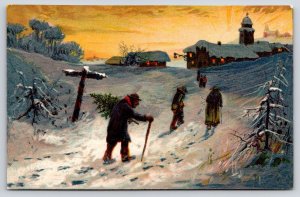 PFB Christmas~Older People Thru Snow to Church at Sunset~Walking Sticks~# 6144