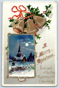 c1910s Christmas Greeting Ringing Bells And Berries Church Winter Scene Postcard