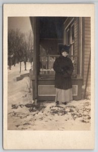 RPPC Woman Posing in Snow at Porch Frozen Water Downspout c1910 Postcard G30