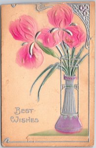 1910's Best Wishes Flowers in Vase Silver Embossed Posted Postcard