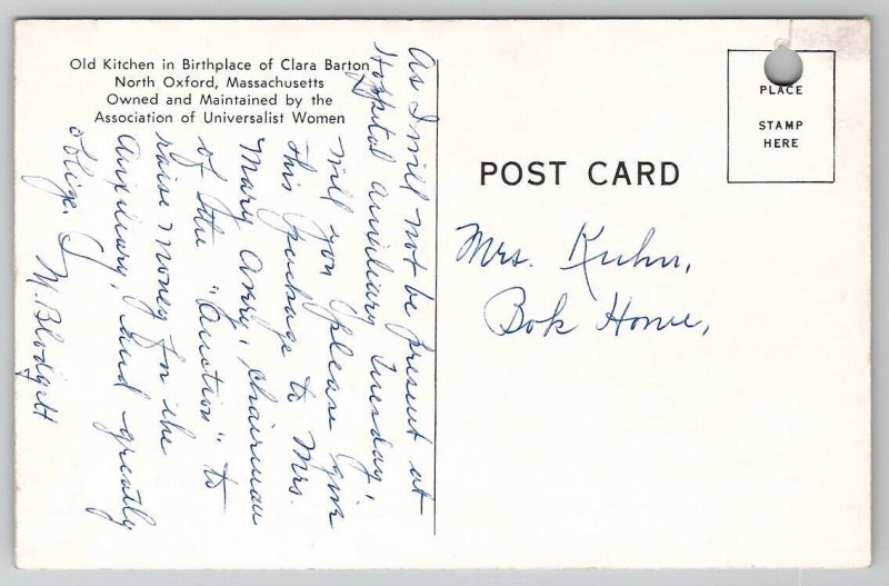 North Oxford Massachusetts Clara Barton Old Kitchen Interior View Postcard C28