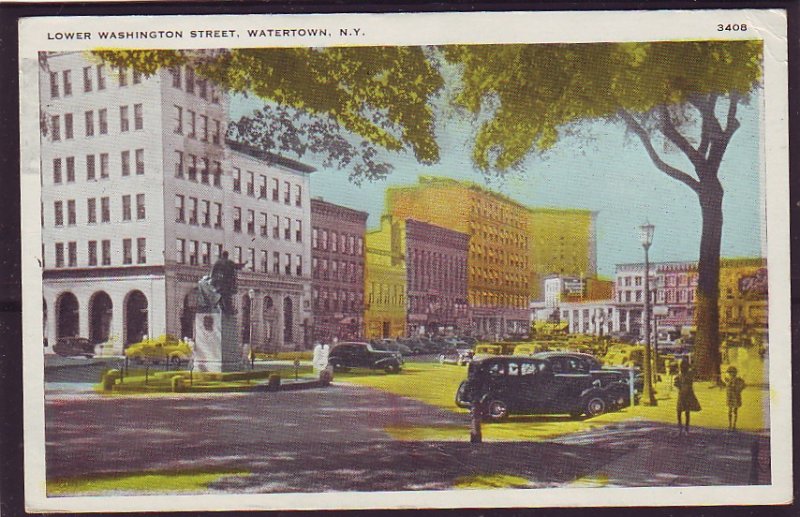 P1496 1942 used postcard washington street view watertown ny old cars etc