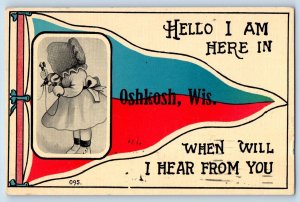 Oshkosh Wisconsin WI Postcard Pennant Dutch Kids Telephone c1913 Vintage Antique