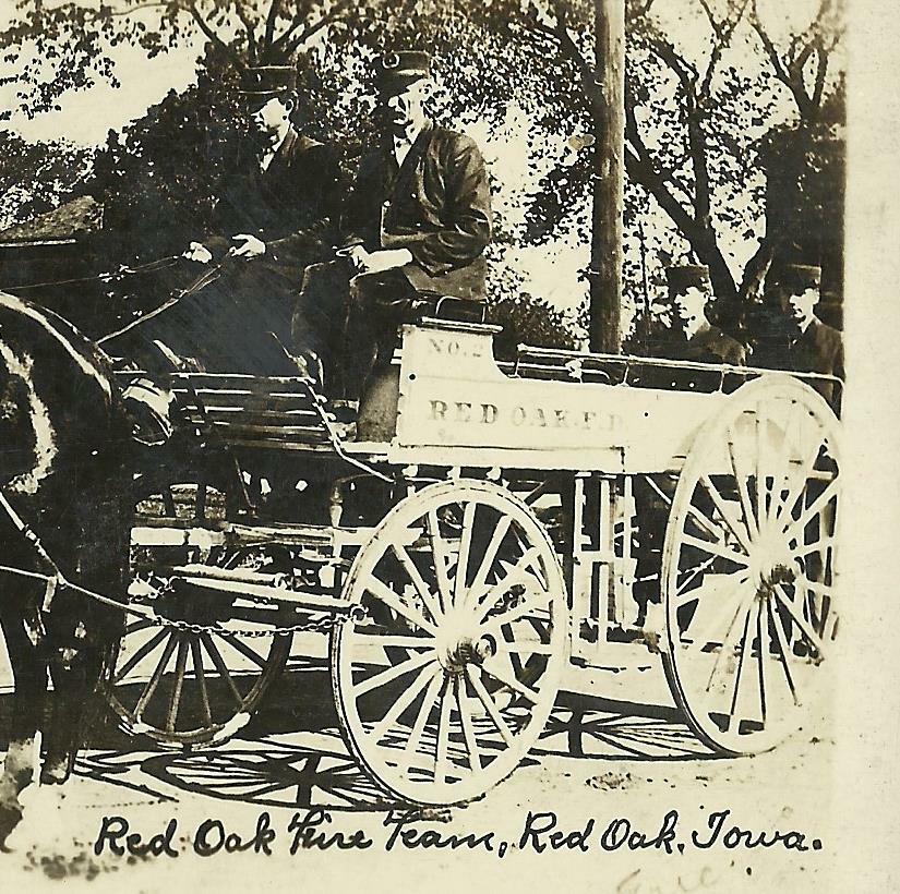 Red Oak IOWA RPPC c1910 FIRE DEPARTMENT Firemen HORSEDRAWN WAGON nr