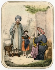 1850s-60s Ottoman Empire Hand Tinted Print Long Smoking Pipe #KU