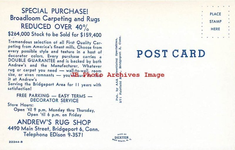 Advertising Postcard, Andrew's Rug Shop, Store, Bridgeport Connecticut