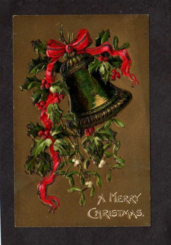 A Merry Christmas Bell Greetings Glitter Embossed Vintage Postcard UDB