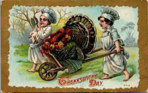 Vtg Thanksgiving Day Chef Boy Prepare to Harvest Turkey Cart Hatchet Postcard