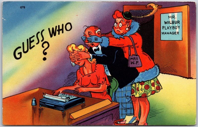 Guess Who?  Secretary Boss and Wife Funny Playboy Manager Comic Vintage Postcard