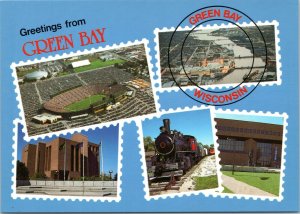 postcard Wisconsin -Greetings from Green Bay - multiview in stamp theme border