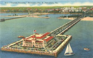St Petersburg FL Recreation Pier, Sailboat Linen Postcard Unused