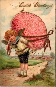 Easter Postcard Angel Cupid Boy Carrying Giant Flower Covered Egg on His Back