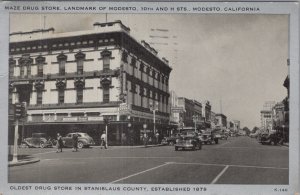 Postcard Maze Drug Store Modesto California Vintage Cars 1945