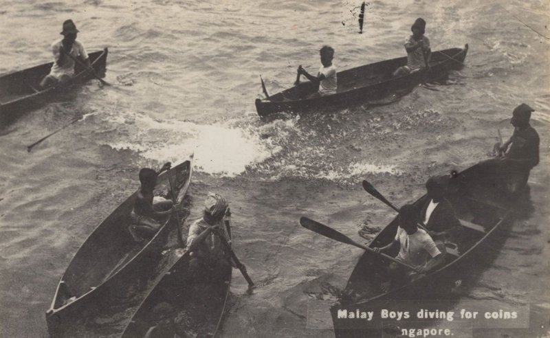Malay Boys Diving For Coins Singapore Old Real Photo Postcard