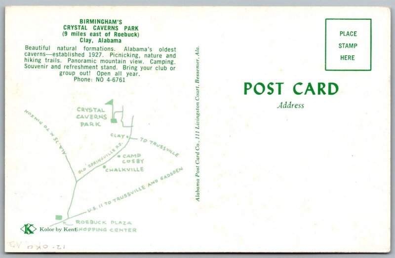 Vtg Clay Alabama AL Birmingham Crystal Caverns Park Postcard