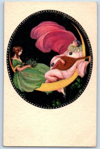 c1910's Couple On Crescent Moon Pretty Woman Mandolin Art Italy Antique Postcard