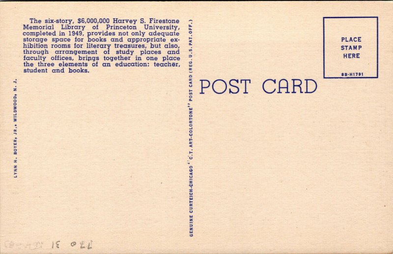 Vtg 1940s Princeton University Harvey S Firestone Memorial Library NJ Postcard