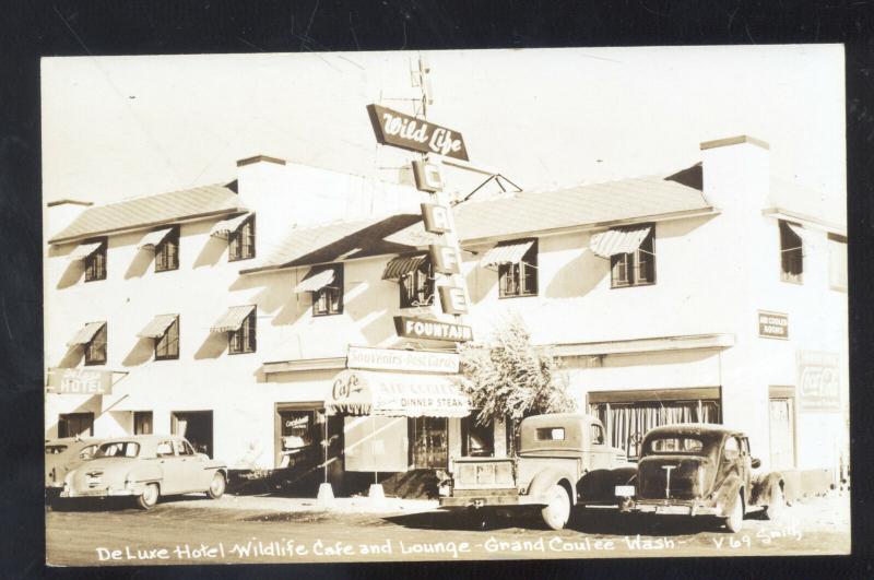 RPPC GRAND COULEE WASHINGTON WILD LIFE HOTEL OLD CARS REAL PHOTO POSTCARD