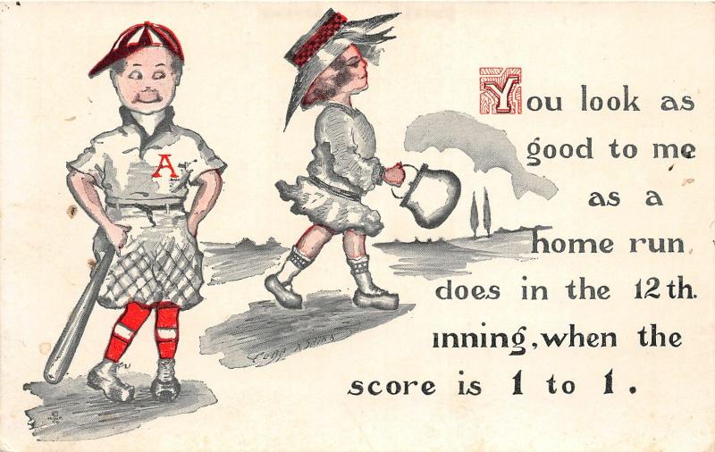 F12/ Baseball Sports Comic Postcard c1912 Uniform Boy Girl Bat 10