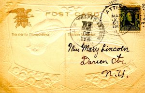 Greeting - Easter. (chick with cart of eggs, airbrushed, embossed)