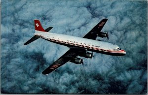 VINTAGE SWISS AIR LINES TRANSATLANTIC DC-6 B PHOTOCHROME POSTCARD 38-121