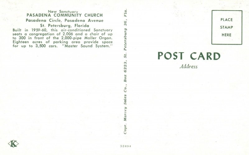 Vintage Postcard New Sanctuary Pasadena Community Church St. Petersburg Florida